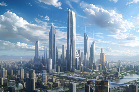 A vibrant futuristic city with towering skyscrapers and a sleek bridge connecting the urban landscape, Skyscrapers influenced by ancient Greco-Roman architecture in a modern city, AI Generatedの素材