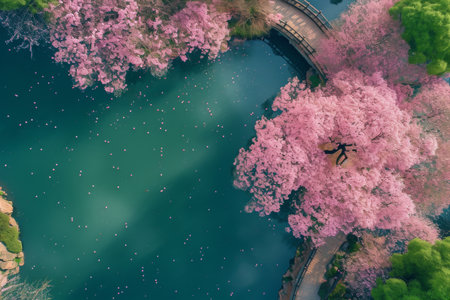 This aerial photograph captures a river flowing underneath a sturdy bridge, showcasing the natural beauty of the landscape, Serene cherry blossoms in full bloom from an aerial view, AI Generatedの素材