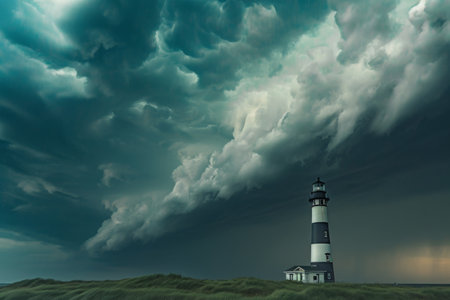 A painting capturing the image of a lighthouse standing tall under a cloudy sky, Rolling storm clouds approaching a lighthouse, AI Generatedの素材