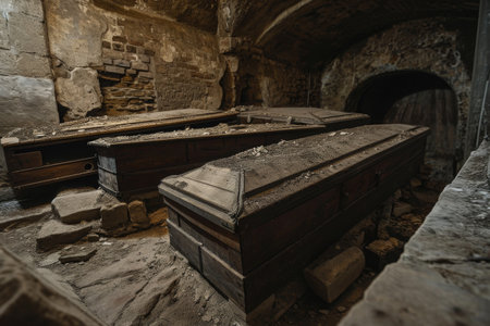 A photo featuring a spacious stone tunnel with a prominently placed, sizable wooden chest, Old wooden coffins scattered in an abandoned crypt, AI Generatedの素材