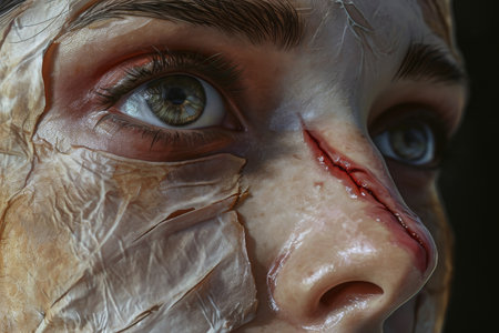 A detailed view of a womans face displaying a bleeding eye, highlighting the intensity of the injury, Photorealistic digital painting of a facial injury healing process, AI Generatedの素材