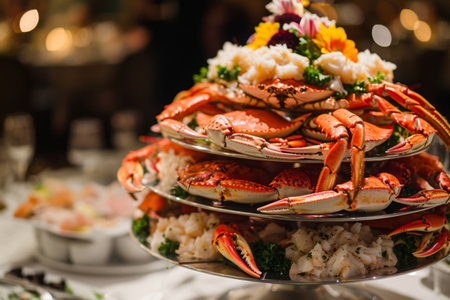 A large assortment of delicious food arranged on a platter and placed on top of a table, Opulent seafood tower topped with Alaskan king crab, AI Generatedの素材