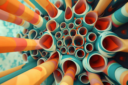 A vibrant close-up photo showcasing a bunch of colorful pencils, Optical illusion created by intricate pipeline arrangements, AI Generatedの素材