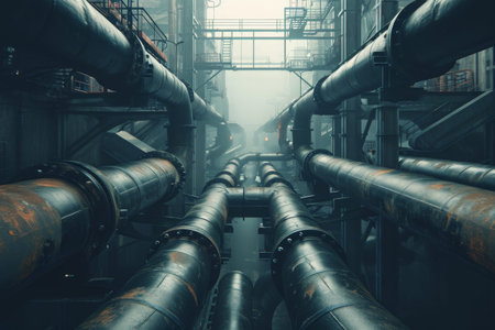 An atmospheric image of fog enveloping pipes in a sprawling industrial building, Massive pipelines stretching through a dense urban setting, AI Generatedの素材