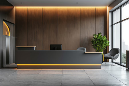 A bright and modern reception area featuring a large window, showcasing natural light and contemporary design elements, Front-desk reception of a modern office, AI Generatedの素材