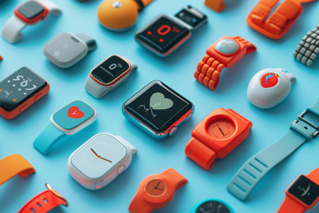 Assorted Watches on Blue Surface, Heart rate monitors, fitness trackers, digital pedometers scattered artistically, AI Generatedの素材