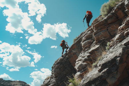 A determined group of climbers ascend a steep mountain, showcasing their strength and perseverance, Hiker pulled through a precarious crag by helpful friend, AI Generatedの素材