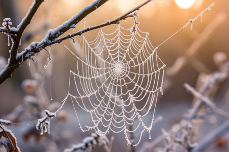 A spider web gracefully hangs from a sturdy tree branch, capturing morning dew and glistening in the sunlight, Frosty cobwebs sparkling in morning light, AI Generatedの素材
