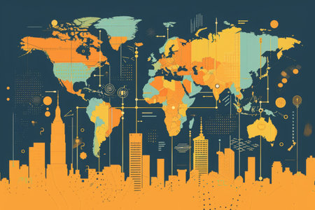 An image of a map of the world displayed on a background that features shades of blue and yellow, Infographic on global venture capital investments, AI Generatedの素材