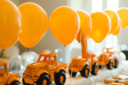A table covered with numerous yellow balloons creates a cheerful and festive atmosphere, Construction vehicle-shaped balloons for a little builder's party, AI Generatedの素材
