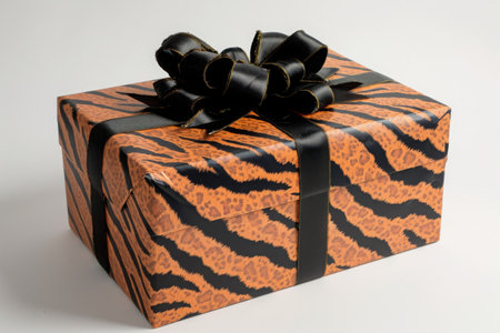 A zebra print gift box adorned with a sleek black bow, perfect for any occasion, Gift box with animal print wrapping, AI Generatedの素材