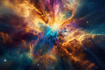 An expansive view of a vibrant and dynamic space, brimming with stars and cosmic energy, Cosmic supernova explosion amid a multicolor nebula, AI Generatedの素材