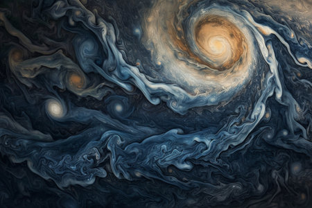 This photo features a detailed painting of a spiral galaxy, showcasing its vibrant colors and the multitude of stars within it, Deep cyclones swirling on JupiterÃ¢â¬â¢s surface, AI Generatedの素材