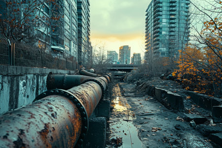 A photo featuring a prominent large pipe positioned in the central area of a bustling city, Contrasting image of a worn-out pipeline in a modern city, AI Generatedの素材