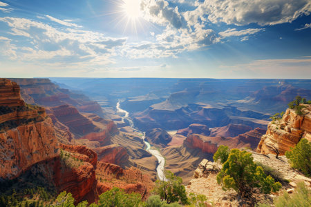 The sun casts a vibrant light on the majestic Grand Canyon, revealing its stunning natural beauty, Fantastic view of the Grand Canyon under the midday sun, AI Generatedの素材