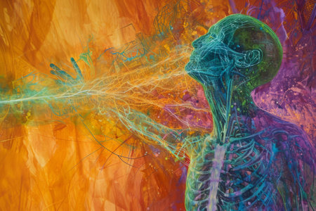 This photo showcases a painting portraying a person with a multitude of lines radiating from their head, Depicting the energy flow within a human body using vibrant hues, AI Generatedの素材