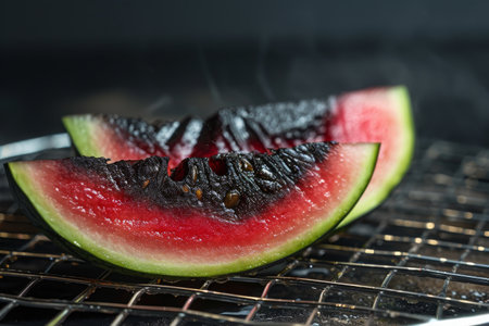 A slice of watermelon grilling on a hot grill, showing the charred grill marks and the vibrant red flesh, Densuke black watermelon slice on a cooling rack, AI Generatedの素材