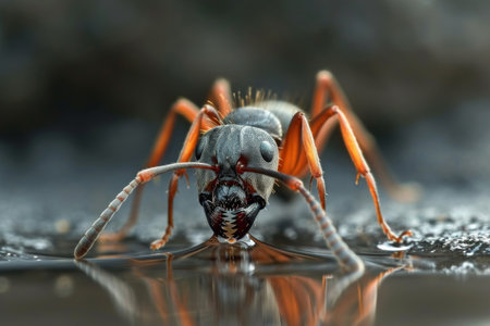 A detailed view of a spider, captured close-up, as it crawls along the ground, Close-up shot of an ant drinking water, AI Generatedの素材