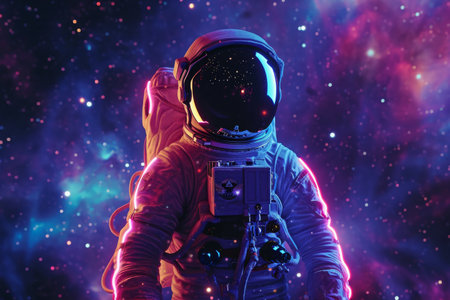 Astronaut Standing in a Spacious Space Filled With Stars, Depict an astronaut in a spacesuit with neon stripes glowing against a starry space backdrop, AI Generatedの素材
