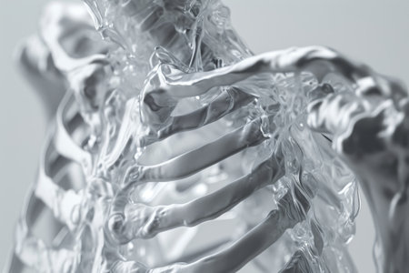 This close up photo showcases a plastic skeleton, providing a detailed look at its structure and features, Capturing the human ribs in a detailed 3D X-ray film, AI Generatedの素材