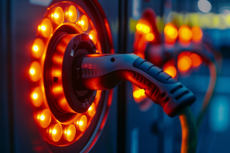 A detailed view of a red light mounted on a wall, casting a vibrant glow against the surface, Closeup of glowing indicator lights on an electric vehicle charging station, AI Generatedの素材