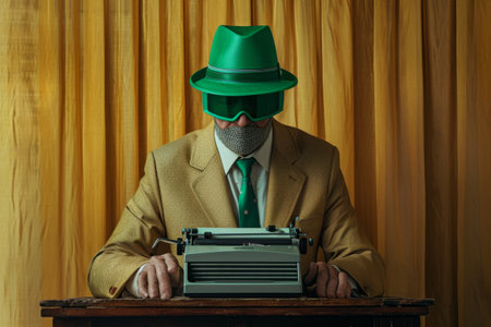 A man dressed in a green hat and suit is seen typing on a typewriter, Classical scene of an accountant with green visor and typewriter, AI Generatedの素材