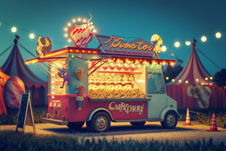 A colorful food truck is parked in front of a bustling carnival, offering a variety of tasty meals and snacks to hungry visitors, Cartoon-style food truck serving popcorn at a circus, AI Generatedの素材