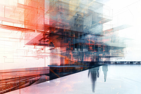 A person is seen walking down a busy city street, passing by a towering building, Engineering concepts for future buildings exhibited in double exposure, AI Generatedの素材