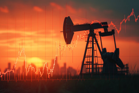 An industrial oil pump silhouette against a vibrant sunset sky, Chart showcasing historical oil price fluctuations, AI Generatedの素材