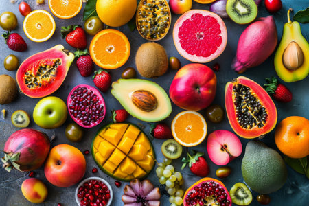 Abundance of Various Fruit Arranged on Table, Exotic fruits assortment from around the world, AI Generatedの素材