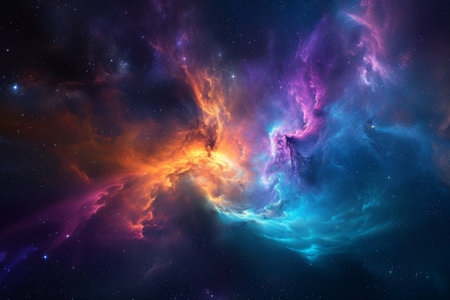 An image capturing the vibrant colors of a space filled with stars and clouds, Colorful space nebula designed in abstract form, AI Generatedの素材