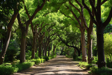 A dirt road cuts through a dense forest of plentiful trees, creating a picturesque scene, Elegant tree alley featuring diverse species in a botanical park, AI Generatedの素材