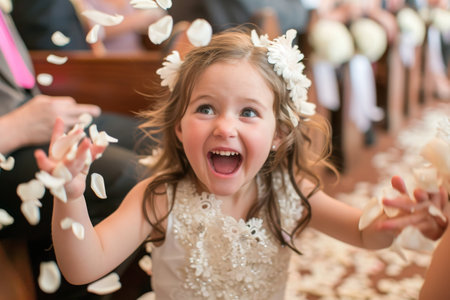 A young girl dressed in a wedding gown joyfully throws a handful of flower petals into the air, Excited flower girl scattering petals down the aisle, AI Generatedの素材