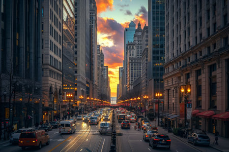 A bustling city street with numerous cars and buses navigating through heavy traffic, surrounded by towering buildings, Chicago's bustling downtown district during the magic hour, AI Generatedの素材