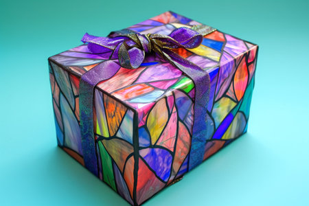 A brightly colored gift box with a vibrant purple bow, Gift box with wrapping that looks like stained glass, AI Generatedの素材
