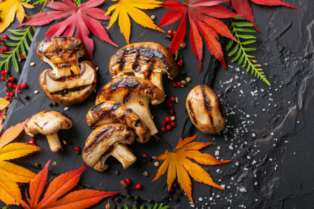 A slate platter showcases a delicious arrangement of grilled mushrooms, complemented by the vibrant colors of autumn leaves, Grilled Matsutake mushrooms with autumn leaves decor, AI Generatedの素材