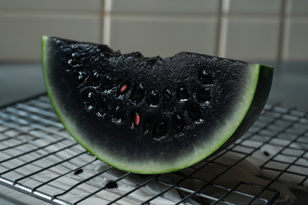 A slice of watermelon placed on a cooling rack, showcasing the vibrant colors and textures of the fruit, Densuke black watermelon slice on a cooling rack, AI Generatedの素材