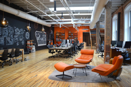 Office With Chalkboard Wall and Orange Chairs, Creative business office with brainstorming spaces, AI Generatedの素材