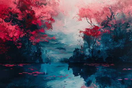 A vibrant painting showcasing a scene of trees, water, and red leaves, Depict chaos and tranquility with contrasting colors, AI Generatedの素材