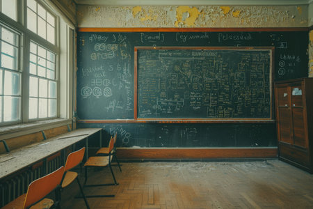A simple room furnished with chairs and a chalkboard, Empty classroom with a blackboard covered in complex mathematical equations, AI Generatedの素材