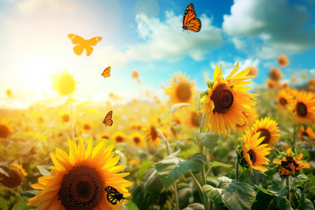 A vibrant field of sunflowers is adorned with butterflies flying gracefully through the air, Endless fields of sunflowers under a bright summer sky, filled with butterflies, AI Generatedの素材