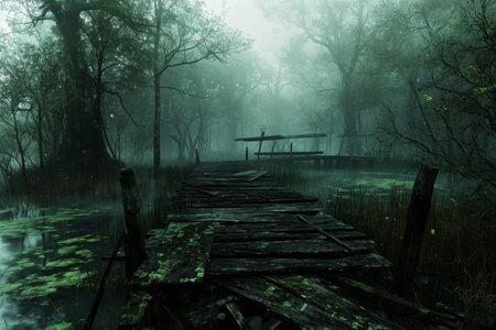A wooden bridge stands in the middle of a swampy area, surrounded by lush vegetation and murky water, Creaky wooden bridge over a sinister swamp, AI Generatedの素材