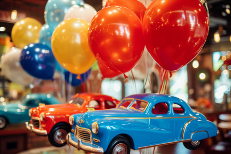 This photo captures a group of toy cars neatly arranged on a table, showcasing various colors and styles, Classic car-shaped balloons for a vintage car enthusiast's birthday, AI Generatedの素材