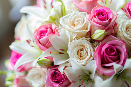 A beautiful bouquet composed of pink and white flowers sitting on a wooden table, Close-up shot of a wedding bouquet with roses and lilies, AI Generatedの素材