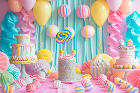 A table filled with a wide variety of delicious cakes and candies, tempting anyone with a sweet tooth, Candyland inspired birthday background with sweet treats, AI Generatedの素材