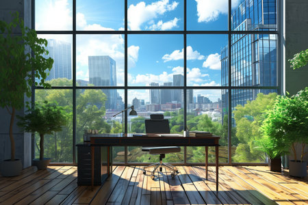 An office space with a large window overlooking the city skyline, Business office with scenic view from the window, AI Generatedの素材