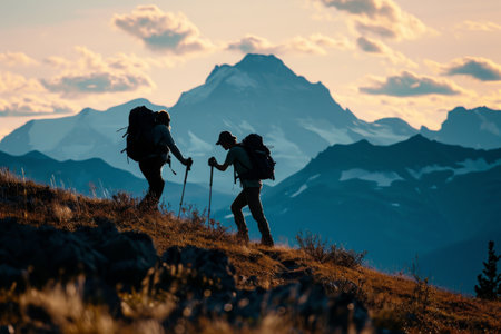 Two hikers are seen climbing a mountain during a beautiful sunset, Comradeship tested as one hiker aids another towards the mountain peak, AI Generatedの素材