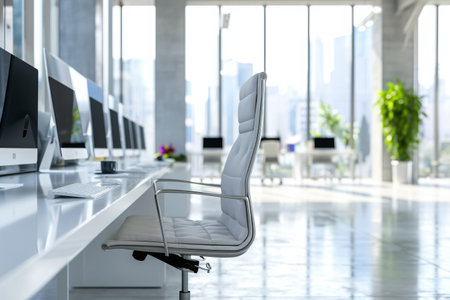 An organized desk in an office setting featuring a computer and a monitor, Contemporary business office with high-tech equipment, AI Generatedの素材