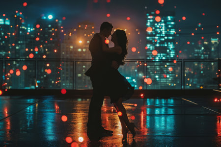 In this photo, a couple joyfully dances together in the rain during the night, Couple dancing on a rooftop, with city lights in the background, AI Generatedの素材