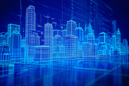 Blueprint Image of a City With Skyscrapers, Combine blueprints of innovative buildings with a city skyline, AI Generatedの素材